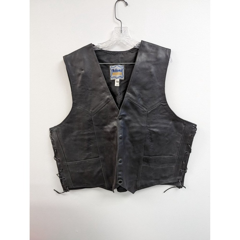 National Leather Genuine Black Size 58 Lace-Up Snap-Front Vest Motorcycle Biker